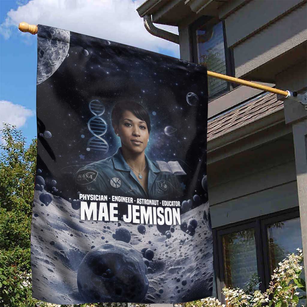 Mae Jemison Garden Flag with Space Portrait Design, Science Has No Boundaries Quote and DNA Book Elements - African Pride