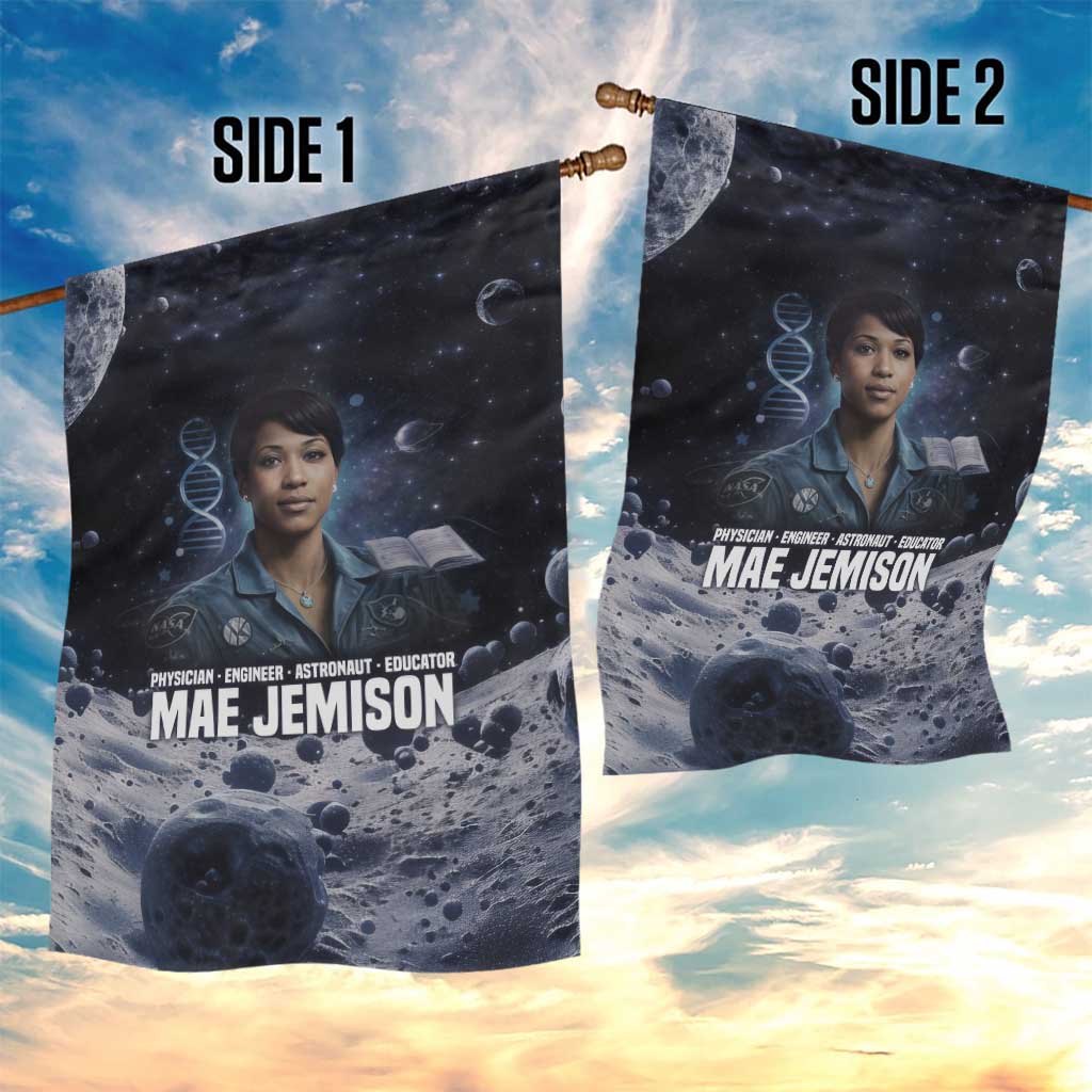Mae Jemison Garden Flag with Space Portrait Design, Science Has No Boundaries Quote and DNA Book Elements - African Pride