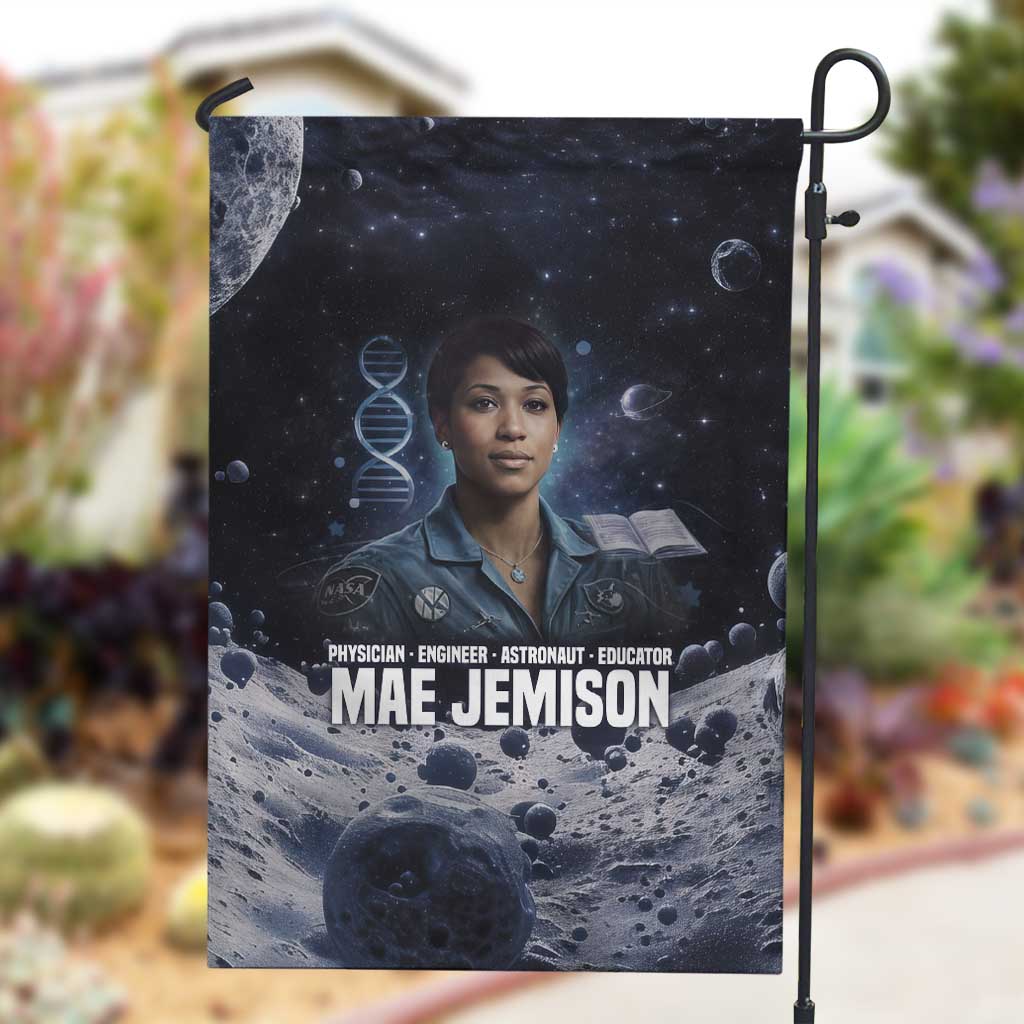 Mae Jemison Garden Flag with Space Portrait Design, Science Has No Boundaries Quote and DNA Book Elements - African Pride