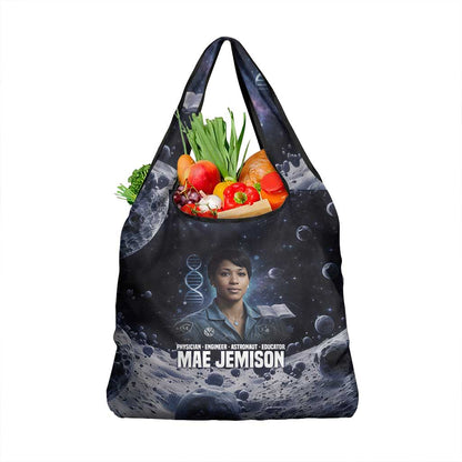Mae Jemison Grocery Bag with Space Portrait Design, Science Has No Boundaries Quote and DNA Book Elements - African Pride