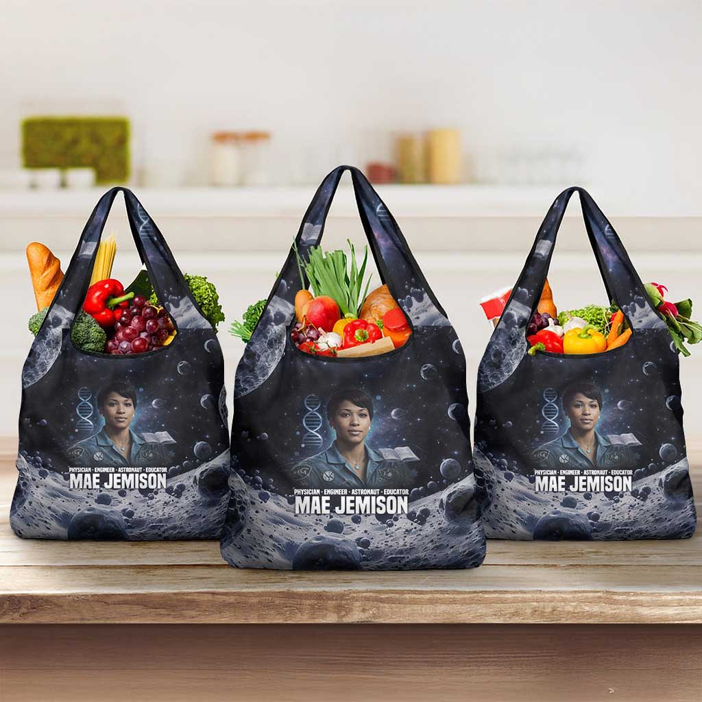 Mae Jemison Grocery Bag with Space Portrait Design, Science Has No Boundaries Quote and DNA Book Elements - African Pride
