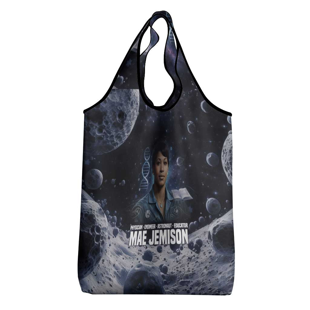 Mae Jemison Grocery Bag with Space Portrait Design, Science Has No Boundaries Quote and DNA Book Elements - African Pride