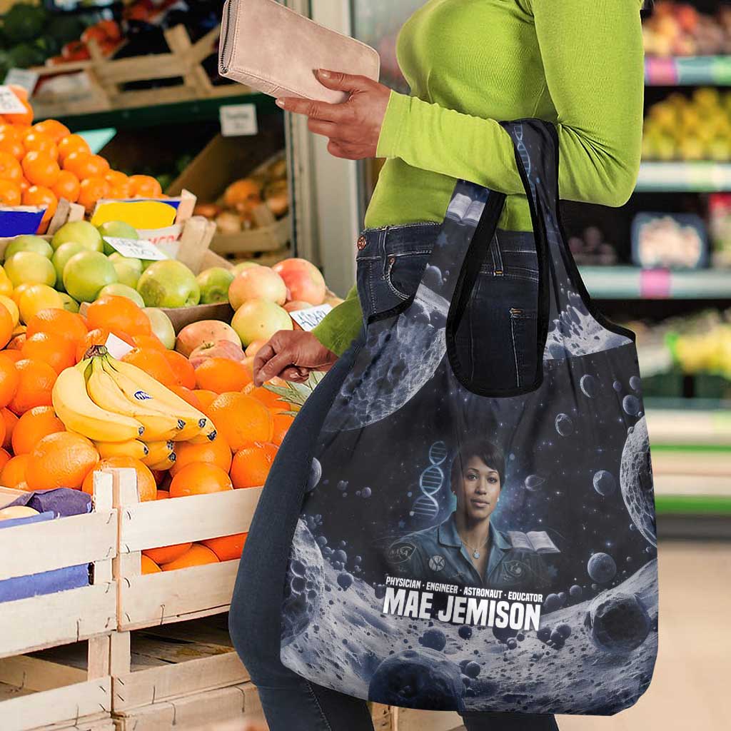 Mae Jemison Grocery Bag with Space Portrait Design, Science Has No Boundaries Quote and DNA Book Elements - African Pride