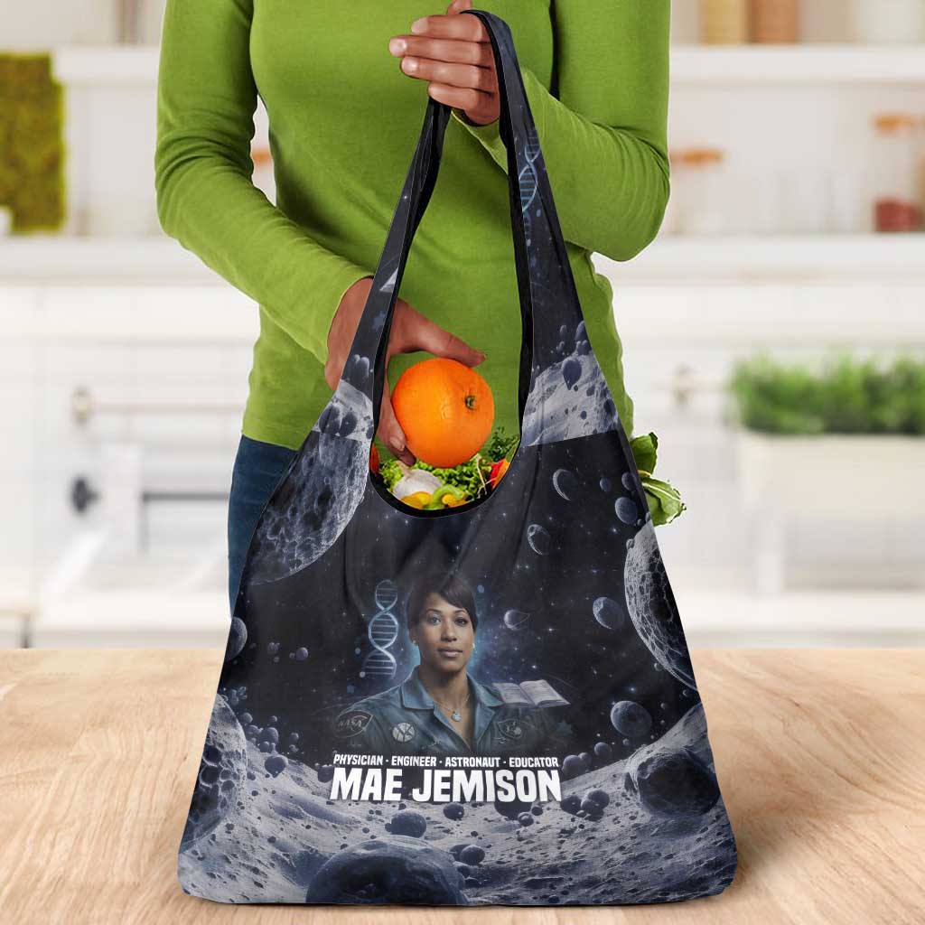 Mae Jemison Grocery Bag with Space Portrait Design, Science Has No Boundaries Quote and DNA Book Elements - African Pride