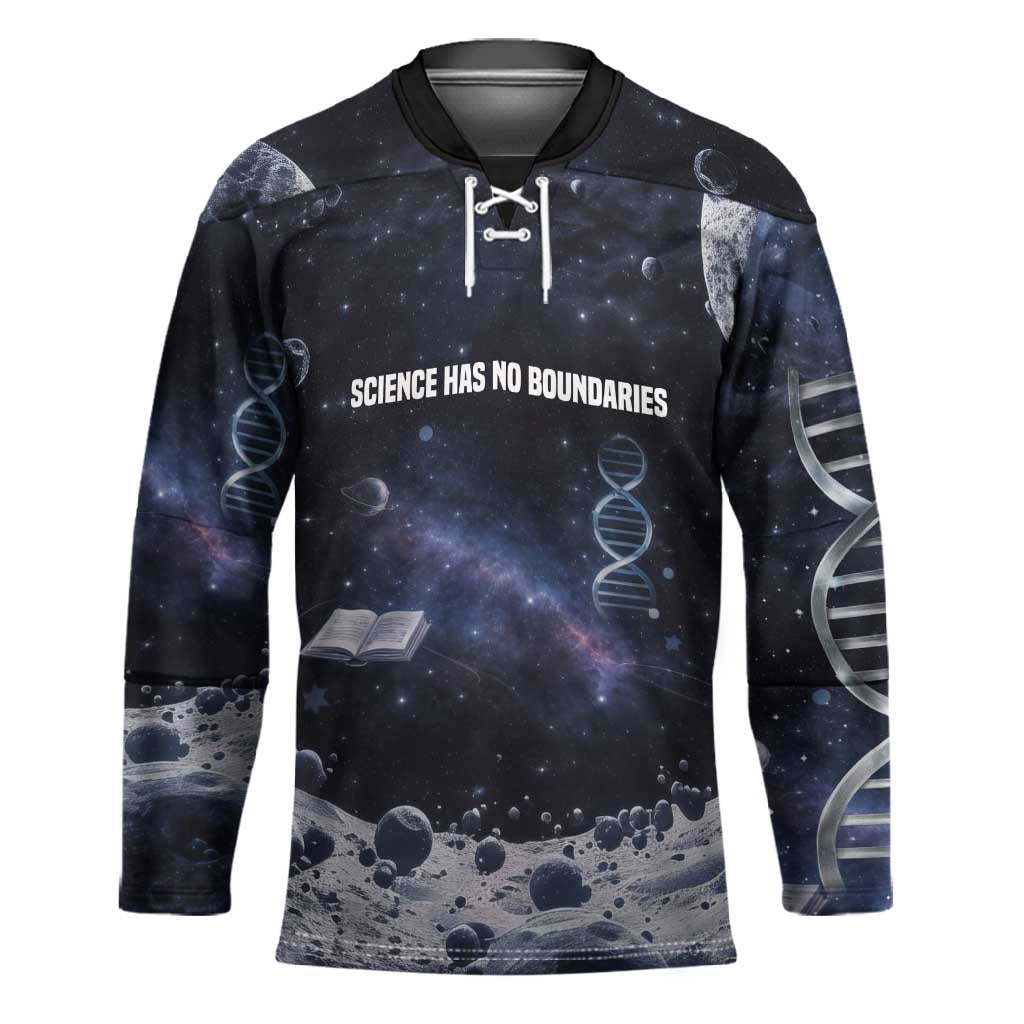 Mae Jemison Hockey Jersey with Space Portrait Design, Science Has No Boundaries Quote and DNA Book Elements - African Pride