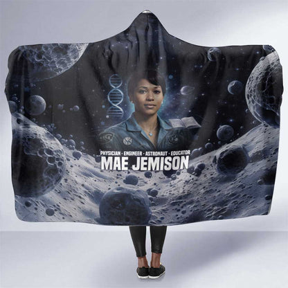 Mae Jemison Hooded Blanket with Space Portrait Design, Science Has No Boundaries Quote and DNA Book Elements - African Pride