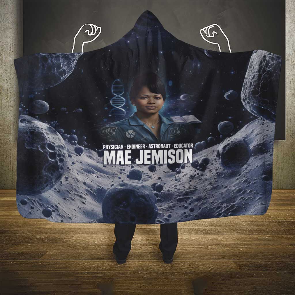 Mae Jemison Hooded Blanket with Space Portrait Design, Science Has No Boundaries Quote and DNA Book Elements - African Pride