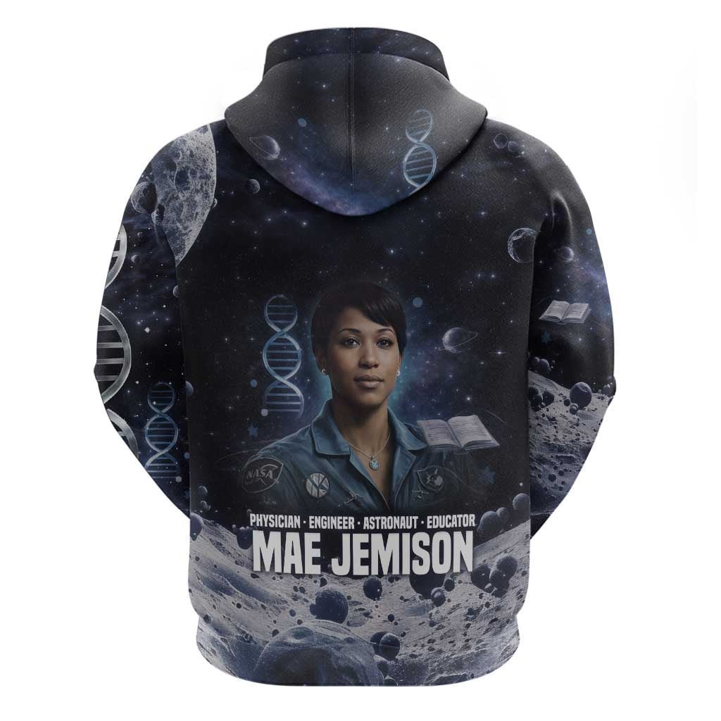 Mae Jemison Hoodie with Space Portrait Design, Science Has No Boundaries Quote and DNA Book Elements - African Pride