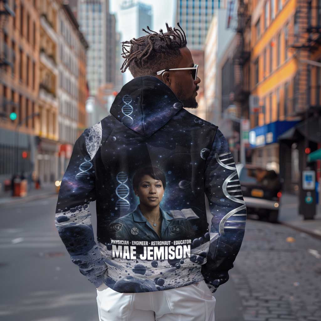 Mae Jemison Hoodie with Space Portrait Design, Science Has No Boundaries Quote and DNA Book Elements - African Pride