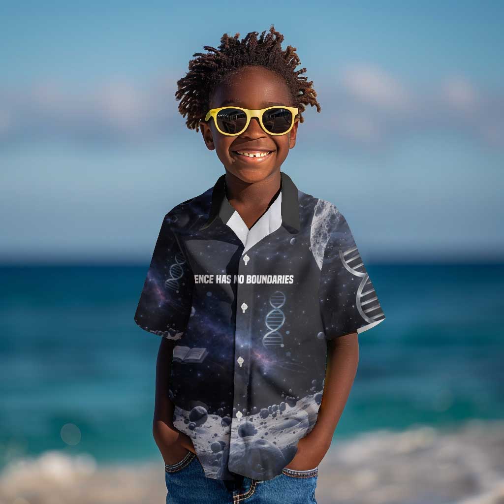 Mae Jemison Kid Hawaiian Shirt with Space Portrait Design, Science Has No Boundaries Quote and DNA Book Elements - African Pride