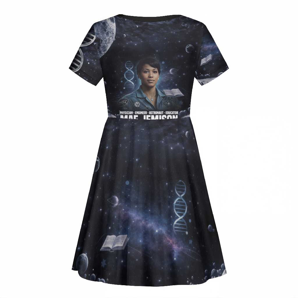 Mae Jemison Kid Short Sleeve Dress with Space Portrait Design, Science Has No Boundaries Quote and DNA Book Elements - African Pride