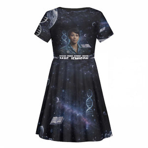 Mae Jemison Kid Short Sleeve Dress with Space Portrait Design, Science Has No Boundaries Quote and DNA Book Elements - African Pride