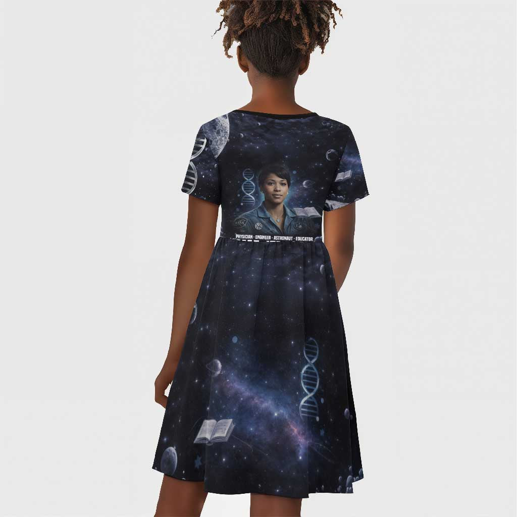 Mae Jemison Kid Short Sleeve Dress with Space Portrait Design, Science Has No Boundaries Quote and DNA Book Elements - African Pride
