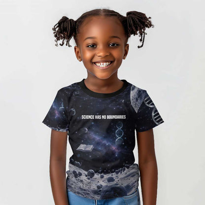 Mae Jemison Kid T shirt with Space Portrait Design, Science Has No Boundaries Quote and DNA Book Elements - African Pride