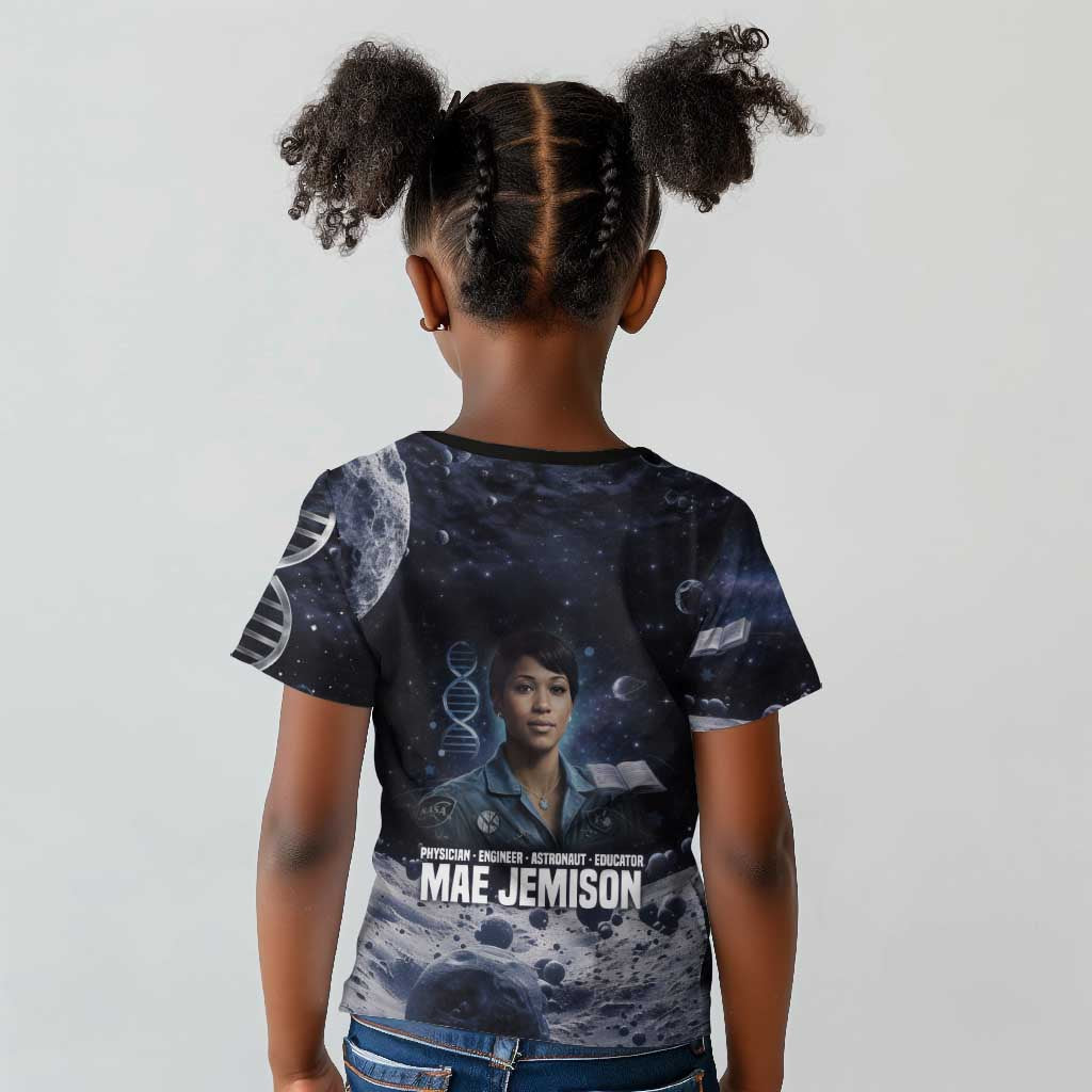Mae Jemison Kid T shirt with Space Portrait Design, Science Has No Boundaries Quote and DNA Book Elements - African Pride