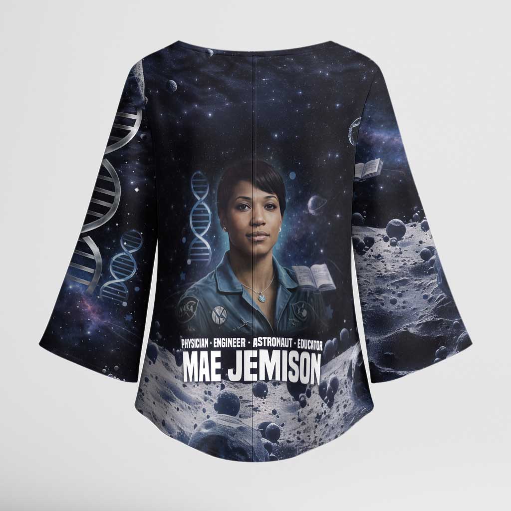 Mae Jemison Kimono Sleeve Blouse with Space Portrait Design, Science Has No Boundaries Quote and DNA Book Elements - African Pride