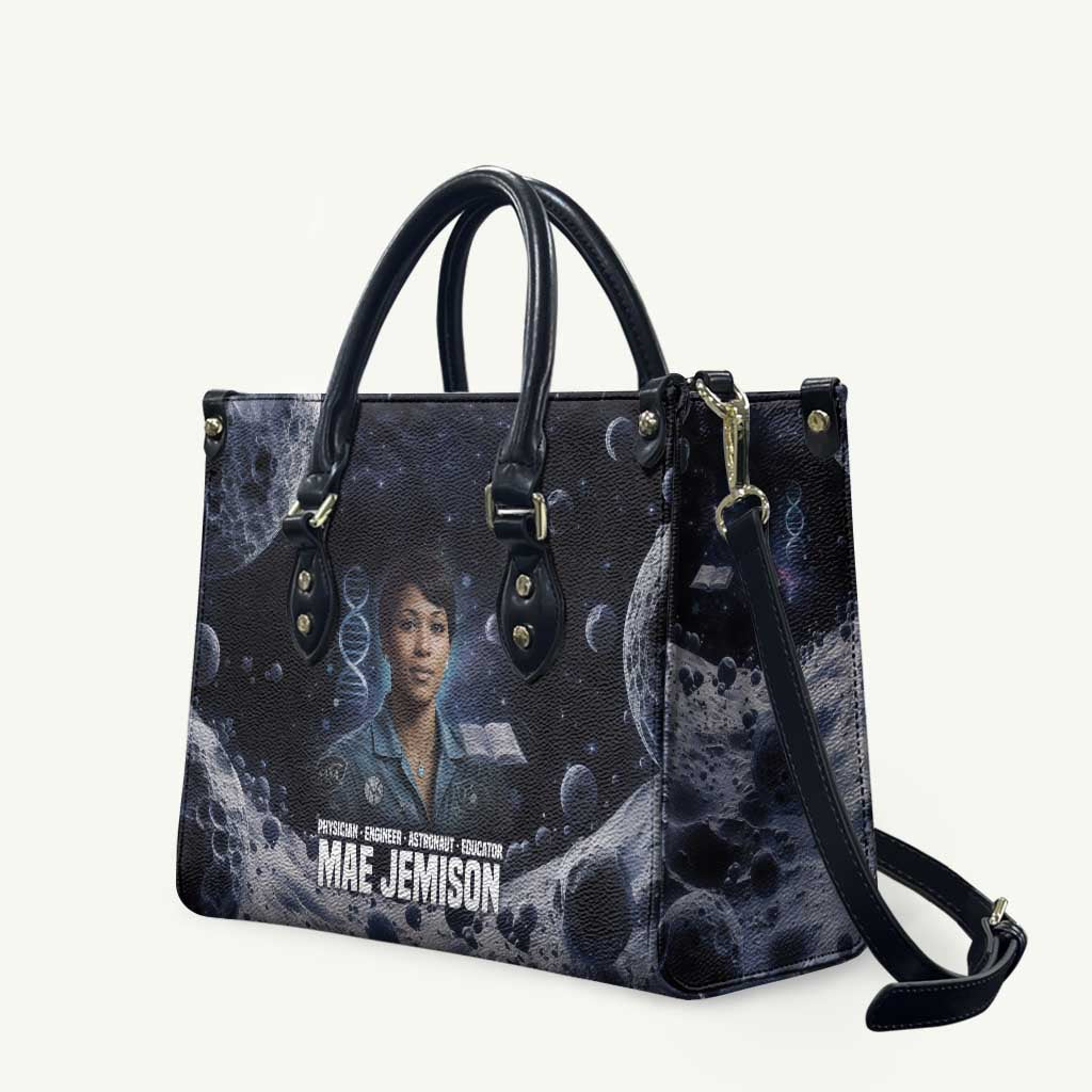 Mae Jemison Leather Bag with Space Portrait Design, Science Has No Boundaries Quote and DNA Book Elements - African Pride