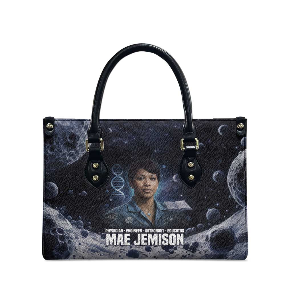 Mae Jemison Leather Bag with Space Portrait Design, Science Has No Boundaries Quote and DNA Book Elements - African Pride