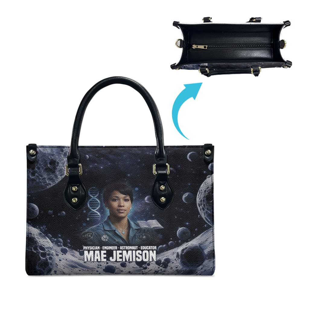 Mae Jemison Leather Bag with Space Portrait Design, Science Has No Boundaries Quote and DNA Book Elements - African Pride