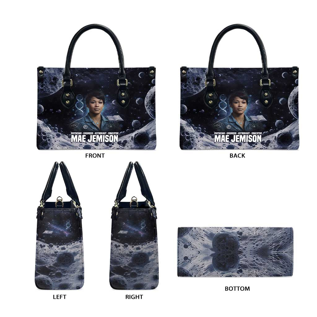 Mae Jemison Leather Bag with Space Portrait Design, Science Has No Boundaries Quote and DNA Book Elements - African Pride