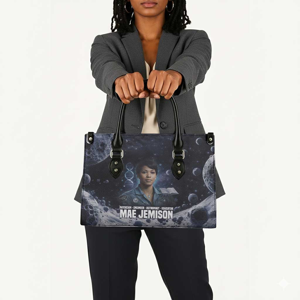Mae Jemison Leather Bag with Space Portrait Design, Science Has No Boundaries Quote and DNA Book Elements - African Pride