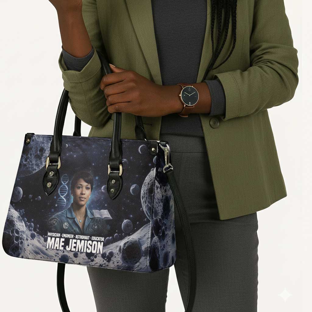 Mae Jemison Leather Bag with Space Portrait Design, Science Has No Boundaries Quote and DNA Book Elements - African Pride