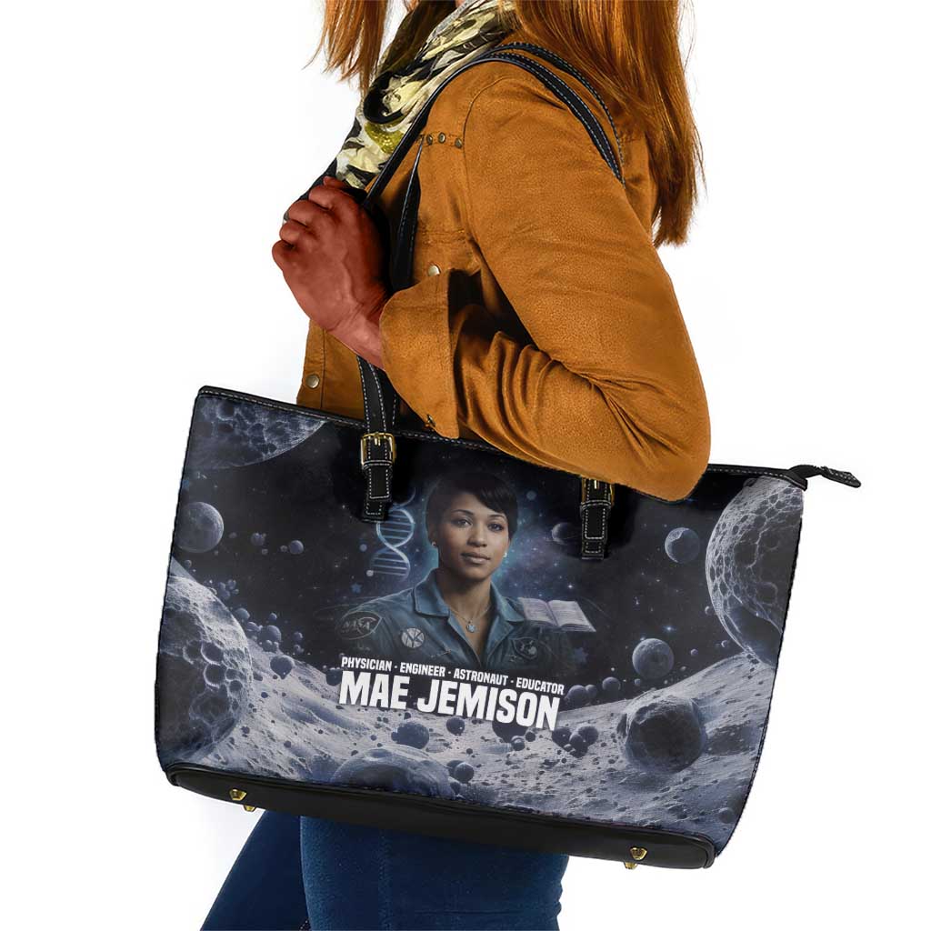Mae Jemison Leather Tote Bag with Space Portrait Design, Science Has No Boundaries Quote and DNA Book Elements - African Pride