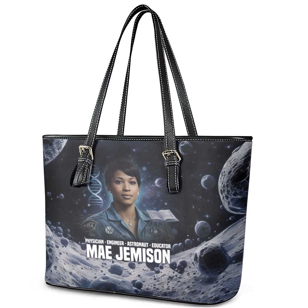 Mae Jemison Leather Tote Bag with Space Portrait Design, Science Has No Boundaries Quote and DNA Book Elements - African Pride