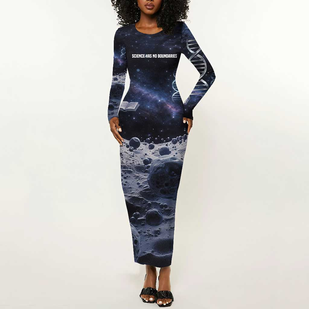 Mae Jemison Long Sleeve Bodycon Dress with Space Portrait Design, Science Has No Boundaries Quote and DNA Book Elements - African Pride