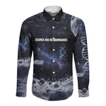 Mae Jemison Long Sleeve Button Shirt with Space Portrait Design, Science Has No Boundaries Quote and DNA Book Elements - African Pride
