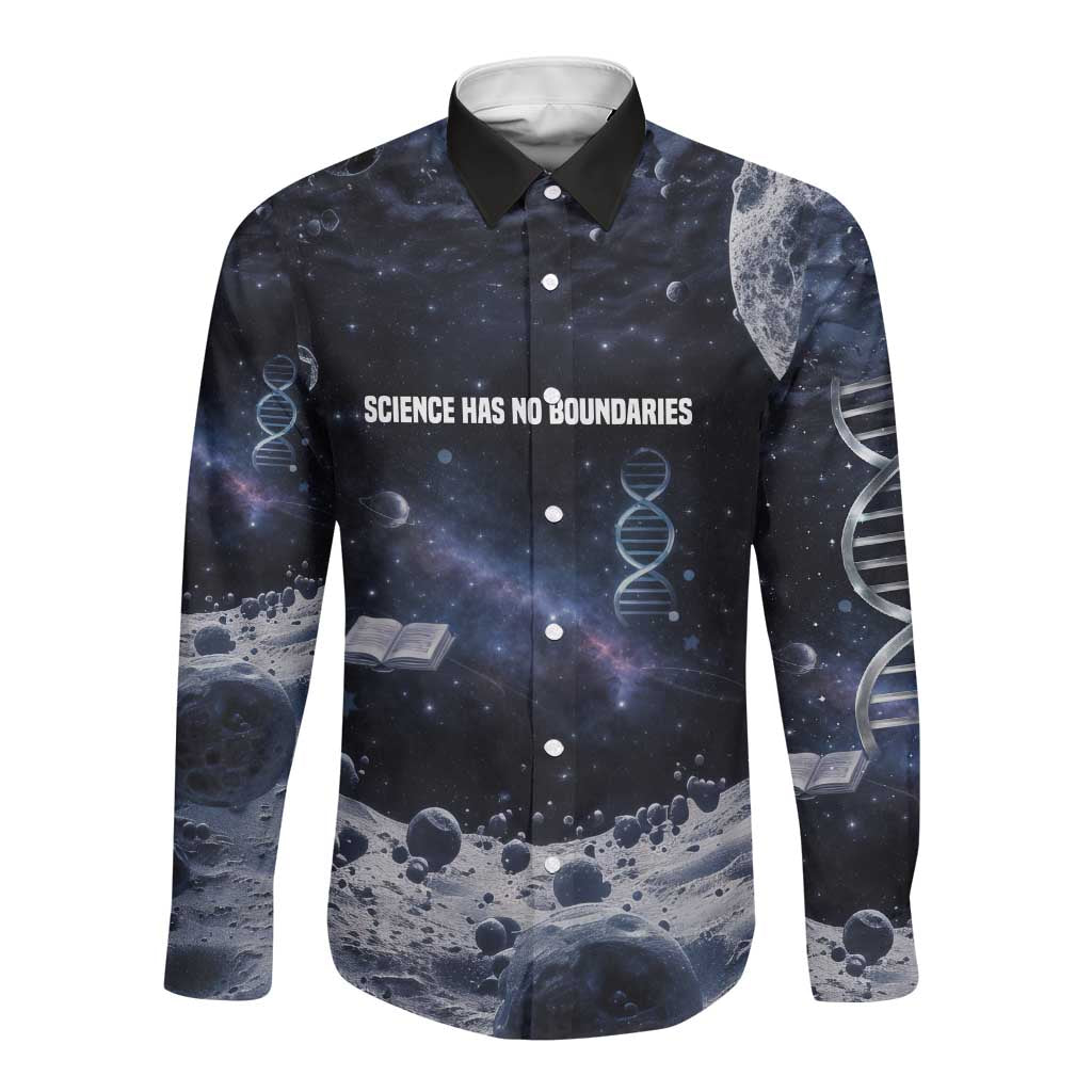 Mae Jemison Long Sleeve Button Shirt with Space Portrait Design, Science Has No Boundaries Quote and DNA Book Elements - African Pride