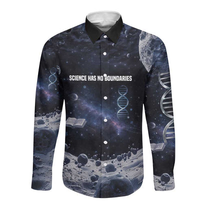 Mae Jemison Long Sleeve Button Shirt with Space Portrait Design, Science Has No Boundaries Quote and DNA Book Elements - African Pride