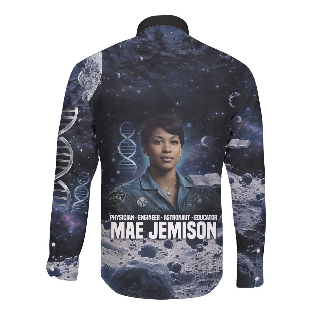 Mae Jemison Long Sleeve Button Shirt with Space Portrait Design, Science Has No Boundaries Quote and DNA Book Elements - African Pride