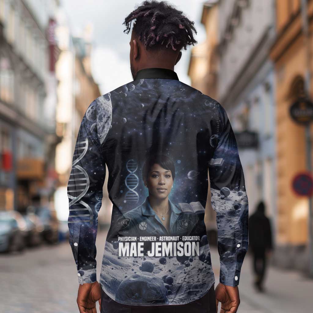 Mae Jemison Long Sleeve Button Shirt with Space Portrait Design, Science Has No Boundaries Quote and DNA Book Elements - African Pride