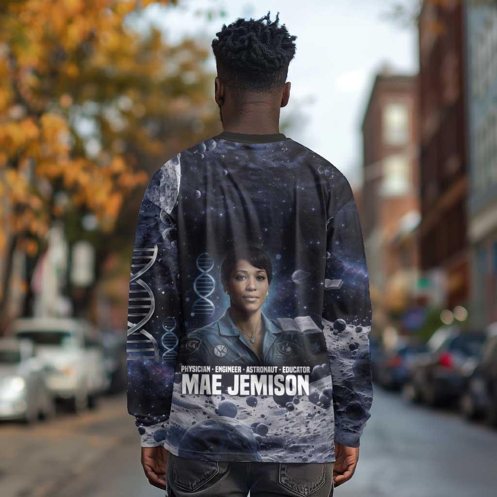 Mae Jemison Long Sleeve Shirt with Space Portrait Design, Science Has No Boundaries Quote and DNA Book Elements - African Pride