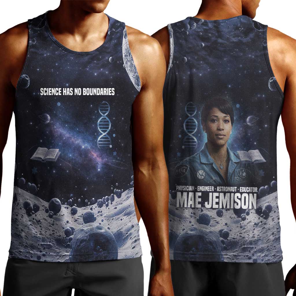 Mae Jemison Men Tank Top with Space Portrait Design, Science Has No Boundaries Quote and DNA Book Elements - African Pride