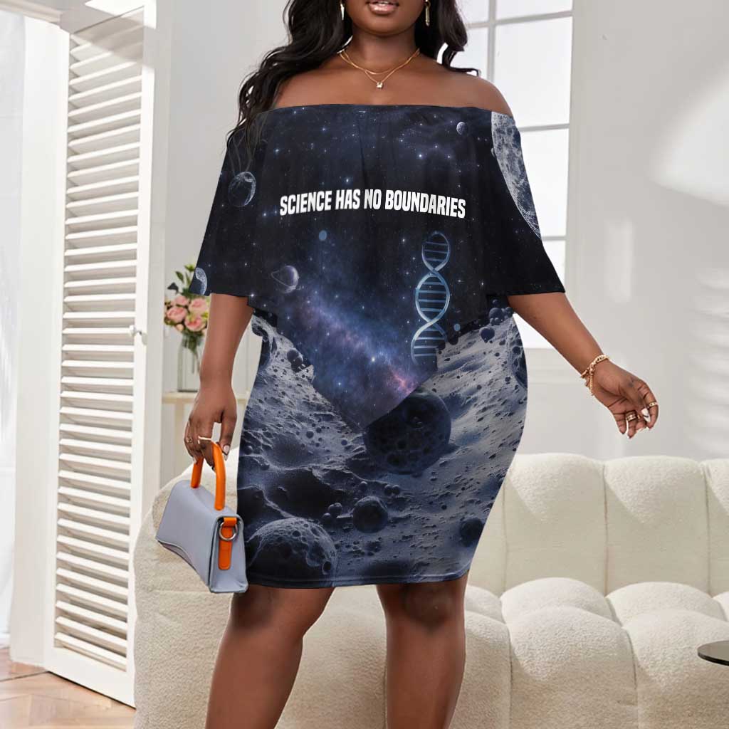 Mae Jemison Off Shoulder Short Dress with Space Portrait Design, Science Has No Boundaries Quote and DNA Book Elements - African Pride