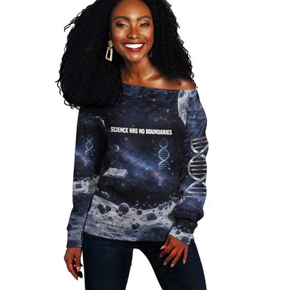 Mae Jemison Off Shoulder Sweater with Space Portrait Design, Science Has No Boundaries Quote and DNA Book Elements - African Pride