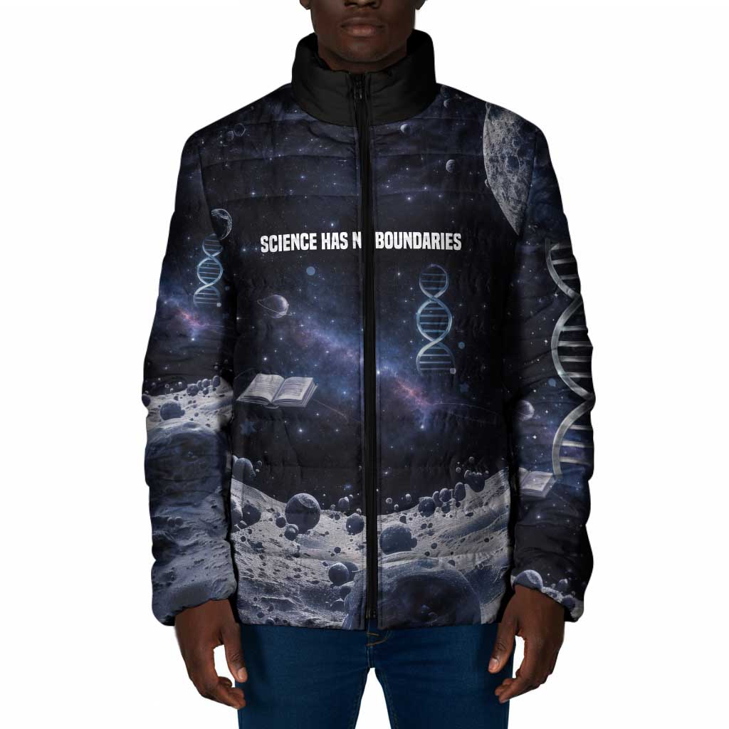 Mae Jemison Padded Jacket with Space Portrait Design, Science Has No Boundaries Quote and DNA Book Elements - African Pride