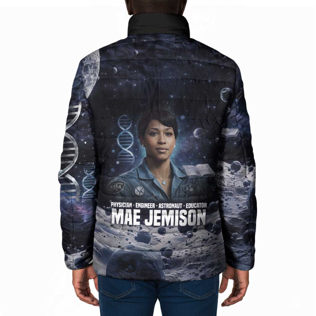 Mae Jemison Padded Jacket with Space Portrait Design, Science Has No Boundaries Quote and DNA Book Elements - African Pride