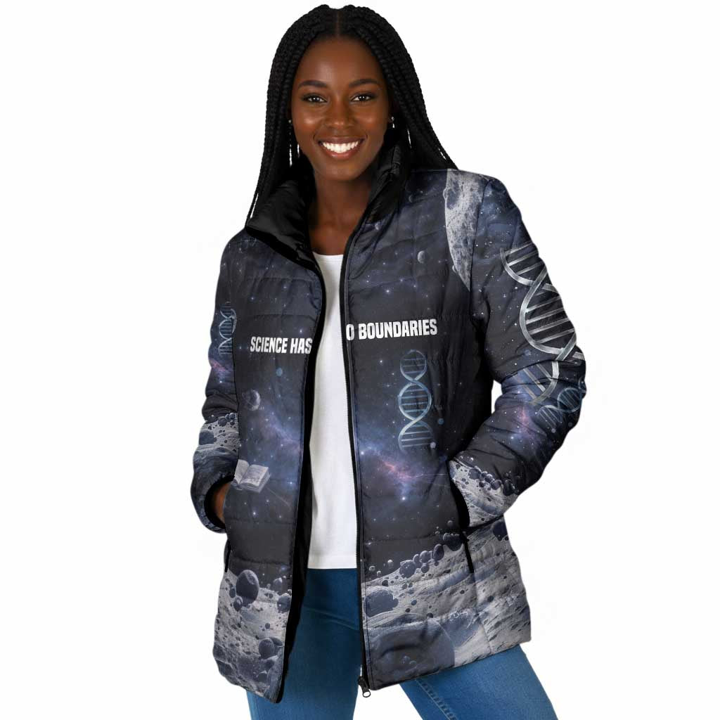 Mae Jemison Padded Jacket with Space Portrait Design, Science Has No Boundaries Quote and DNA Book Elements - African Pride
