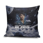 Mae Jemison Pillow Cover with Space Portrait Design, Science Has No Boundaries Quote and DNA Book Elements - African Pride
