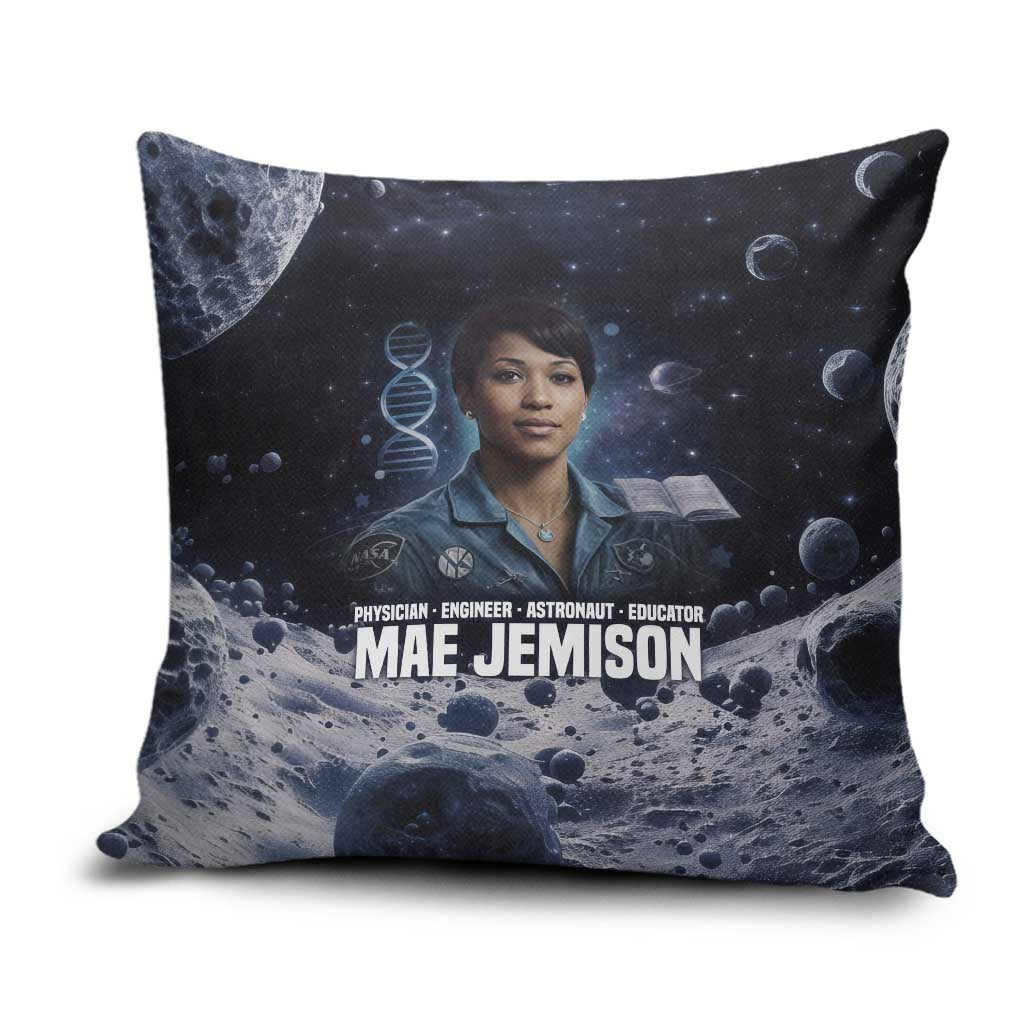 Mae Jemison Pillow Cover with Space Portrait Design, Science Has No Boundaries Quote and DNA Book Elements - African Pride