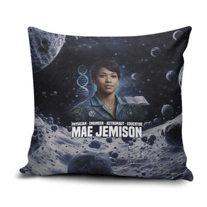 Mae Jemison Pillow Cover with Space Portrait Design, Science Has No Boundaries Quote and DNA Book Elements - African Pride