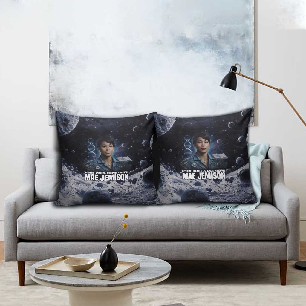 Mae Jemison Pillow Cover with Space Portrait Design, Science Has No Boundaries Quote and DNA Book Elements - African Pride
