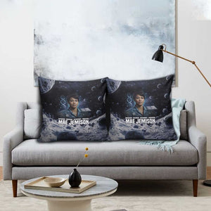Mae Jemison Pillow Cover with Space Portrait Design, Science Has No Boundaries Quote and DNA Book Elements - African Pride