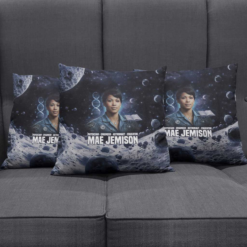 Mae Jemison Pillow Cover with Space Portrait Design, Science Has No Boundaries Quote and DNA Book Elements - African Pride