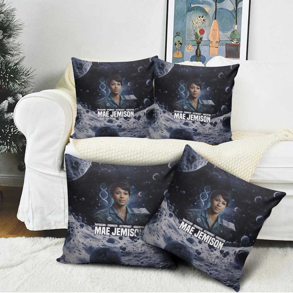 Mae Jemison Pillow Cover with Space Portrait Design, Science Has No Boundaries Quote and DNA Book Elements - African Pride