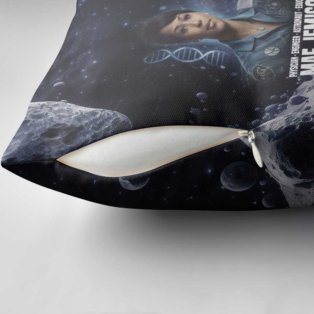 Mae Jemison Pillow Cover with Space Portrait Design, Science Has No Boundaries Quote and DNA Book Elements - African Pride