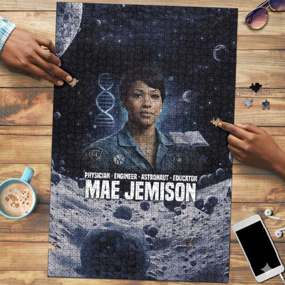 Mae Jemison Puzzle with Space Portrait Design, Science Has No Boundaries Quote and DNA Book Elements - African Pride
